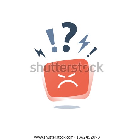 Negative thinking, bad experience feedback, unhappy client, difficult customer, poor service quality, angry red face, mad emoticon sticker, hate and furious, vector icon, flat illustration