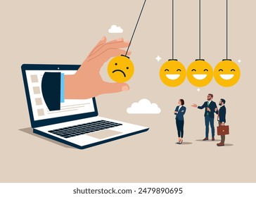 Negative thinking, balance between happiness and sadness. Businessman holding sad face pendulum ball to hit other smile faces. Flat vector illustration