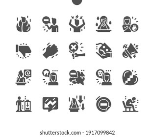 Negative thinking. Depression, aggression, sadness, experiences. Thoughts of death. Broken heart. Stress, angry, hate, mood, mad, furious. Vector Solid Icons. Simple Pictogram