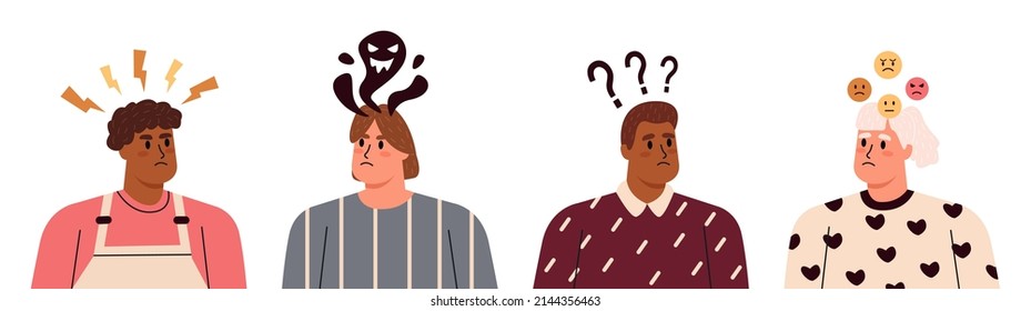 Negative thinking, depression and anxiety concepts with sad men and women. People with bad. Depression anxiety and stress. Flat vector illustration isolated on white background
