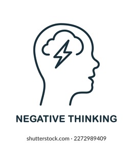 Negative Thinking Line Icon. Mental Disorder, Thunder in Human Head Linear Pictogram. Pessimism, Frustration Symbol. Unhappy Sad Person Outline Sign. Editable Stroke. Isolated Vector Illustration.