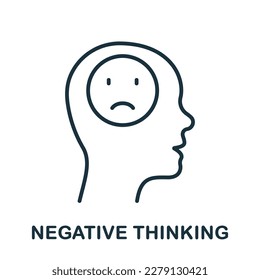 Negative Thinking Line Icon. Mental Disorder, Bad Mood Linear Pictogram. Pessimism, Frustration Symbol. Unhappy Pessimistic Sad Person Outline Sign. Editable Stroke. Isolated Vector Illustration.