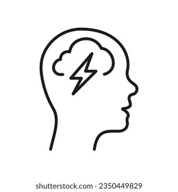 Negative Thinking Line Icon. Mental Disorder, Thunder in Human Head Linear Pictogram. Pessimism, Frustration Symbol. Unhappy Sad Person Outline Sign. Editable Stroke. Isolated Vector Illustration.