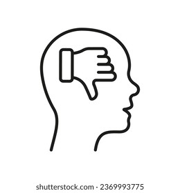 Negative Thinking Line Icon. Thumb Down in Human Head Outline Sign. Mental Disorder, Bad Mood Linear Pictogram. Pessimism, Frustration Symbol. Editable Stroke. Isolated Vector Illustration.