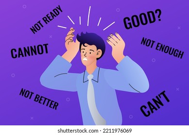 Negative Thinking And Mental Problems. Confusion Or No Confidence To Make Decision Or Not Good Enough Thinking. Self Doubt Businessman Thinking If He Can Or Cannot Make It. Self Doubt. Vector.