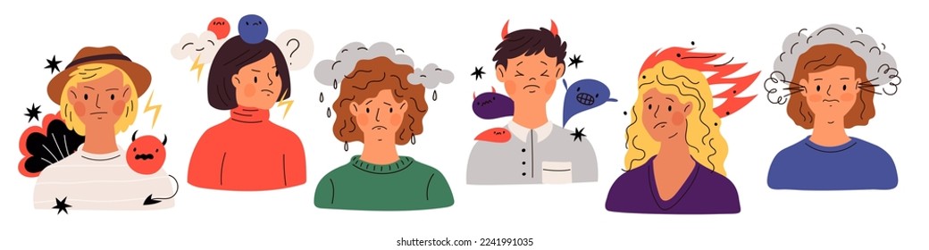 Negative thinking people. Guys and girls in bad mood. Worried persons. Shoulder portraits with gloomy emotions symbols. Crying woman. Burnout man. Anxiety and anger