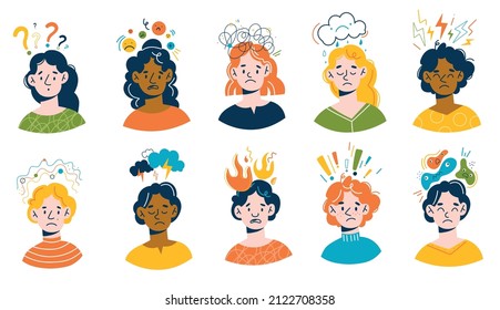 Negative thinking people. Unhappy men and women with gloomy thoughts, disturbing experiences, depression and bad mood symbols, clouds and fire above head, mental health concept, vector set