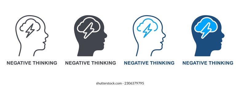 Negative Thinking, Pessimism Silhouette and Line Icon Set. Furious, Frustration Expression Symbol Collection. Pessimistic Mental Disorder, Thunder in Human Head Sign. Isolated Vector Illustration.