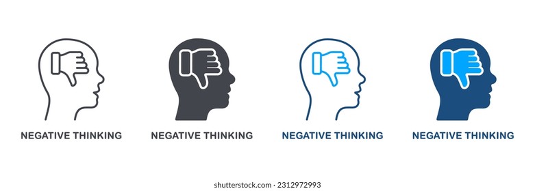 Negative Thinking Silhouette and Line Icon Set. Thumb Down in Human Head Pessimism and Frustration Symbol Collection. Mental Disorder, Pessimistic Person, Bad Mood. Isolated Vector Illustration.