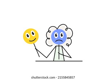 negative thinking, negative thoughts concept, bad mood, curly girl is holding a sad face mask simple sketch, doodle vector illustration