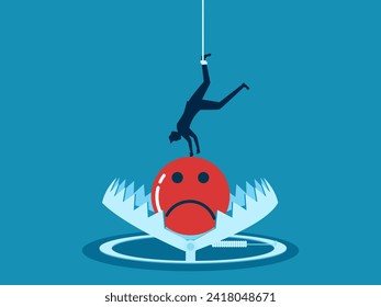 Negative thinking trap. businessman tries to pick up Suffering icon in a trap. Vector 