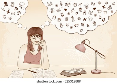 Negative thinking vs. positive thinking - hand drawn illustration of a young woman with glasses, day dreaming of good and bad events and things to do