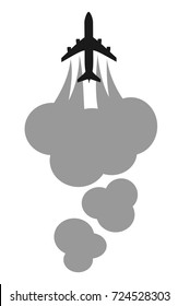 Negative Transportation By Plane - Airplane Is Producing Dark Fume And Exhaust. Aviation And Pollution Of Air By Usage Of Fossil Fuel. Vector Illustration.