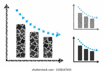 Negative trend composition of bumpy parts in various sizes and shades, based on negative trend icon. Vector bumpy pieces are combined into collage. Negative trend icons collage with dotted pattern.