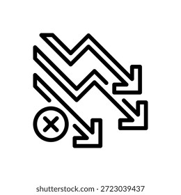 Icono de línea de tendencia negativa, símbolo de esquema para pérdida de mercado, disminución financiera, indicador de advertencia, disminución del rendimiento y evaluación de riesgos. Icono de signo de Vector.