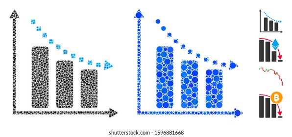 Negative Trend Mosaic Of Round Dots In Different Sizes And Color Tones, Based On Negative Trend Icon. Vector Round Elements Are Composed Into Blue Mosaic.