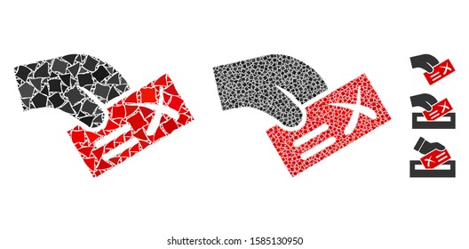 Negative vote icon composition of rugged pieces in various sizes and color hues, based on negative vote icon. Vector ragged items are united into composition.