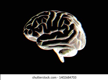 Negative white engraving human brain drawing side view illustration isolated on black background with RGB chromatic aberration effect