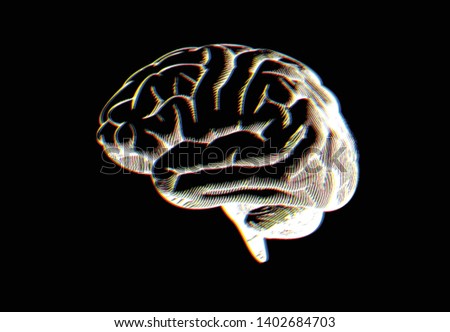 Negative white engraving human brain drawing side view illustration isolated on black background with RGB chromatic aberration effect