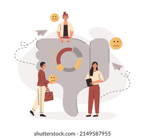 Negative work or feedback concept. Frustrated men and women stand next to each other with thumbs down gesture and leave bad reviews. Fiasco or failed project. Cartoon flat vector illustration