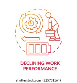 Negative work performance red gradient concept icon. Low efficiency employees. Work exhaustion and burnout abstract idea thin line illustration. Isolated outline drawing. Myriad Pro-Bold font used