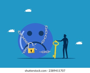 Negative world view. Businessman uses key to unlock negative emotions from chain