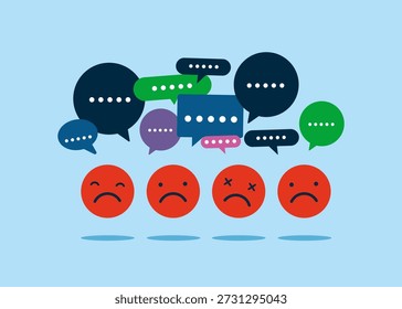 Emoji de cara negativa con burbujas de discurso. Discusión, conversación, reunión, comunicación en equipo, conversación con colegas, opinión. Ilustración vectorial plana.