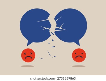 Negativ Gesicht Emoji mit Sprechblasen. Untergliederung der Unternehmenskommunikation Symbol für Missverständnis, Verhandlungsprobleme, Fehlkommunikation, Streit. Flache Vektorgrafik