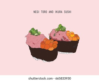 negi toro and ikura sushi , japanese food sketch vector.