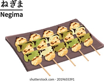Negima(chicken and leek) Charcoal grill yakitori skewers on black dish, Barbecue, Japanese food, Izakaya food, Text means "Thigh meat skewered with pieces of leek"