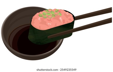 Negitoro sushi held with chopsticks and dipped in soy sauce. Vector illustration.