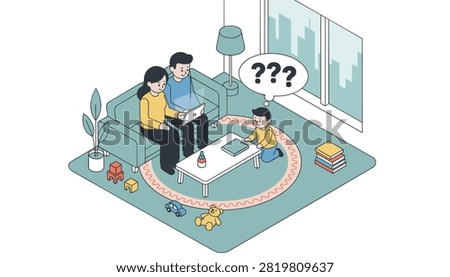 Neglected child asking questions with question marks while parents are absorbed in their digital tablet screen on the couch.