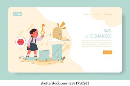 Neglected child has less opportunities through life web banner or landing page. Little girl with a low chance of future success. Absence of dad, lack of parental support. Flat vector illustration