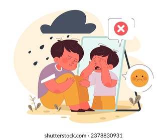 Neglected child' low self-esteem and mental problems. Sad boy looking at his reflection in the mirror. Absence and uninvolvement of dad, lack of parental responsiveness. Flat vector illustration