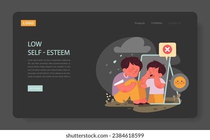 Neglected child' low self-esteem nighmode or darkmode web banner or landing page. Sad boy looking at his reflection in the mirror. Absence or lack of parental responsiveness. Flat vector illustration