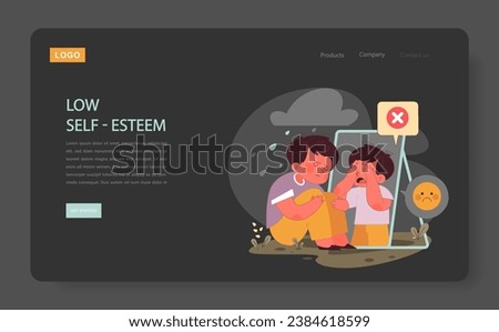 Neglected child' low self-esteem nighmode or darkmode web banner or landing page. Sad boy looking at his reflection in the mirror. Absence or lack of parental responsiveness. Flat vector illustration