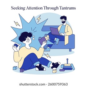 Neglectful parenting reveals itself through children's tantrums as they seek attention. A child struggles with emotions while a parent remains distracted, highlighting the impact on family dynamics