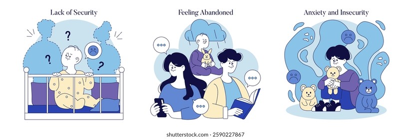 Neglectful parenting style affecting children's emotional well-being. Scenarios depict feelings of insecurity, abandonment, and anxiety in youth, showcasing the impact on their development and support