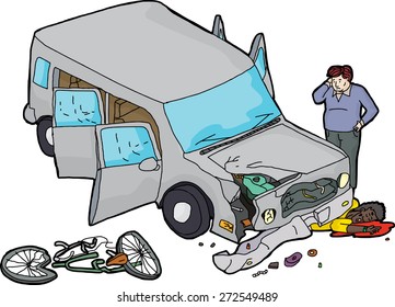 Negligent driver looking at damaged car and injured bicyclist
