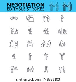 Negogiation skills ouline vector icons. Editable strokes. Business meeting signs set. Negogiation business concept thin line icons. Agreement logo