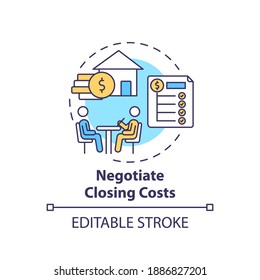 Negotiate closing costs concept icon. First-time homebuyer tip idea thin line illustration. Discounts and rebates. Reducing lender fees. Vector isolated outline RGB color drawing. Editable stroke