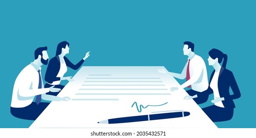 Negotiating an agreement. Business people sitting behind a signed contract. Business vector illustration