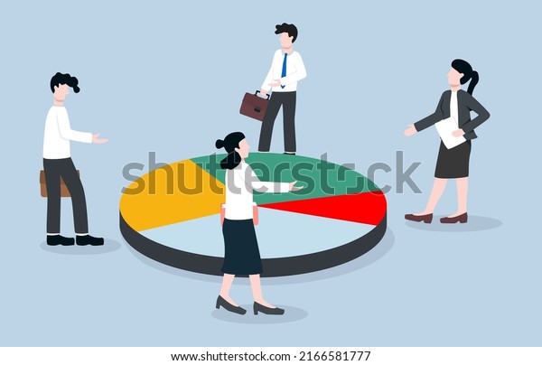 Negotiating business interests, share from\
joint investment, discussions about corporate partners concept.\
Investors discussing about market share pie chart.\

