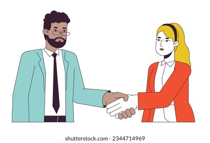 Negotiating business people flat line vector spot illustration. Leaders colleagues 2D cartoon outline characters on white for web UI design. Networking event editable isolated color hero image