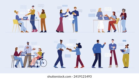 Negotiating business people. Flat teamwork, diverse men and women at a negotiation table talking, discussing ideas, solving problems. Office workers take part in meeting. Characters communication.