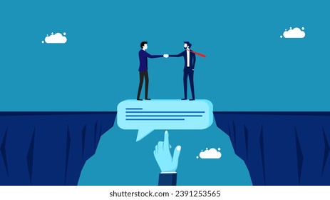 Negotiating mediator. Manager helps bridge the gap with speech bubbles for business people in negotiations