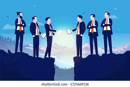 Negotiating - Two teams of businesspeople meeting between gap in high altitude. Merging companies, hard bargain and business agreement concept. Vector illustration.