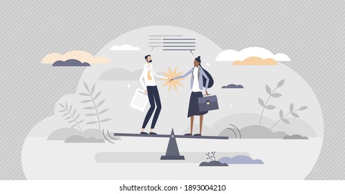 Negotiation about fair and equal business deal or contract details tiny person concept. Agreement work solution with handshake after meeting as trust and success collaboration vector illustration.