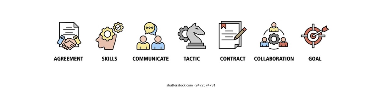 Conjunto de iconos de Web de Anuncio de negociación Concepto de ilustración de símbolo de Vector para el Acuerdo de negocios y la colaboración con ícono de habilidades, comunicación, táctica, contrato y objetivo