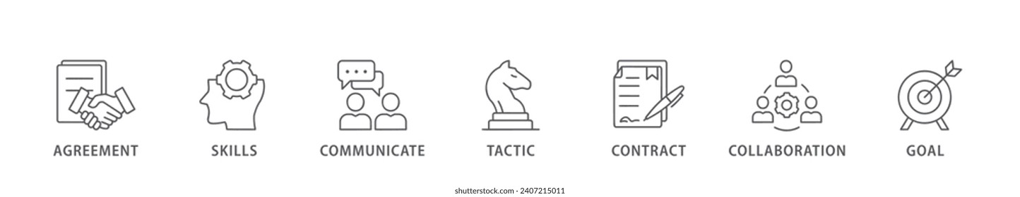 Banner de negociación icono de la web concepto de ilustración vectorial para acuerdo de negocios y colaboración con ícono de habilidades, comunicación, táctica, contrato y objetivo